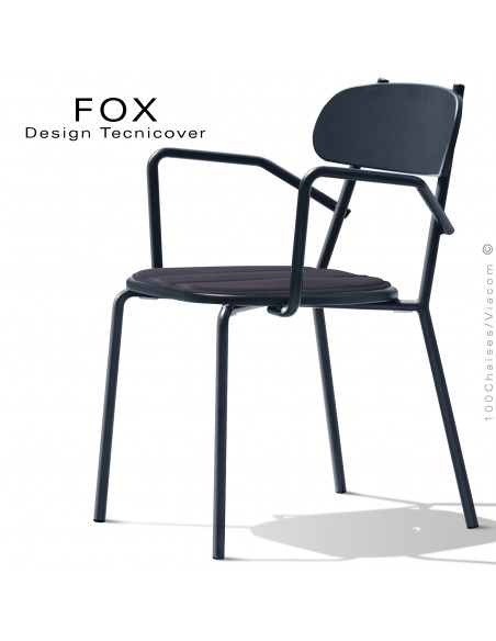 Fauteuil design rétro d'extérieur FOX, structure acier peint anthracite, assise avec coussin aimanté couleur anthracite.