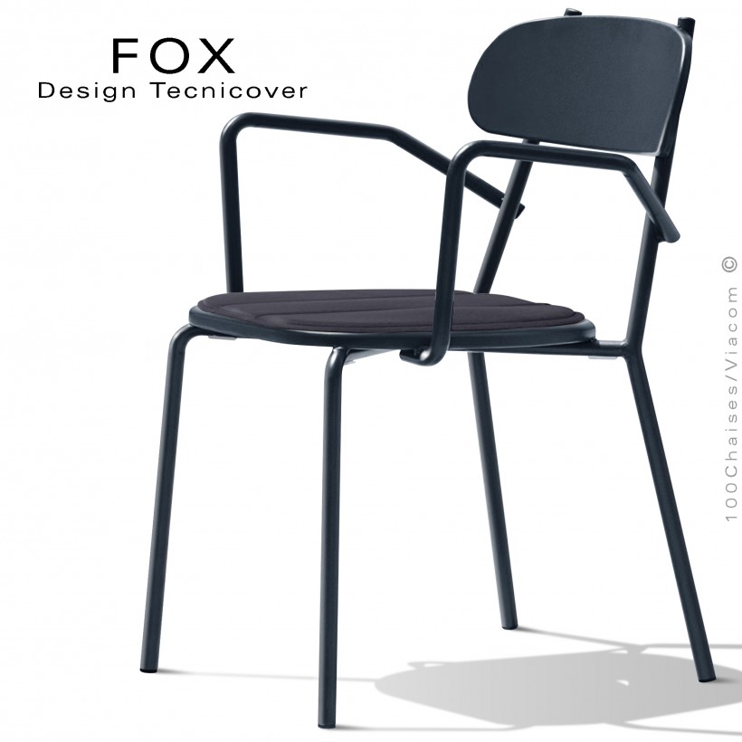 Fauteuil design rétro d'extérieur FOX, structure acier peint anthracite, assise avec coussin aimanté couleur anthracite.