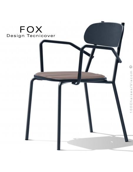 Fauteuil design rétro d'extérieur FOX, structure acier peint anthracite, assise avec coussin aimanté couleur écru.