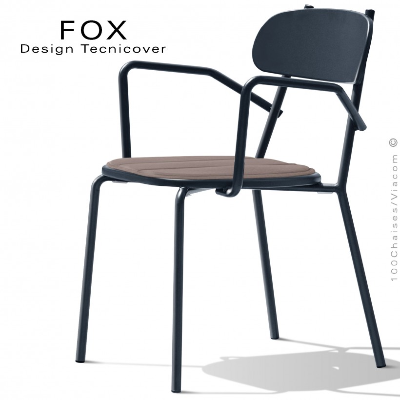 Fauteuil design rétro d'extérieur FOX, structure acier peint anthracite, assise avec coussin aimanté couleur écru.