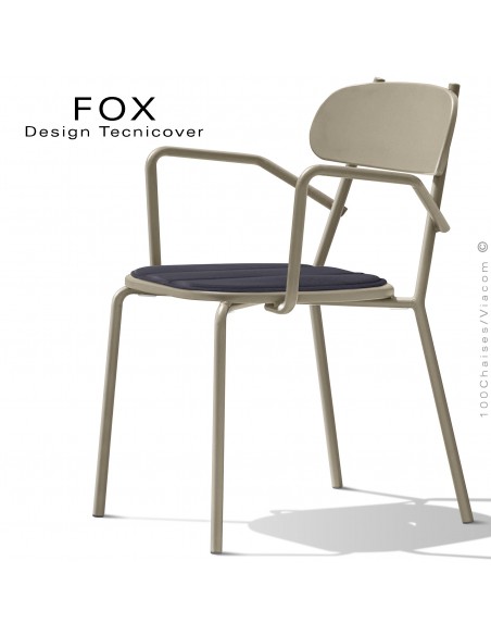 Fauteuil design rétro d'extérieur FOX, structure acier peint beige, assise avec coussin aimanté couleur anthracite.