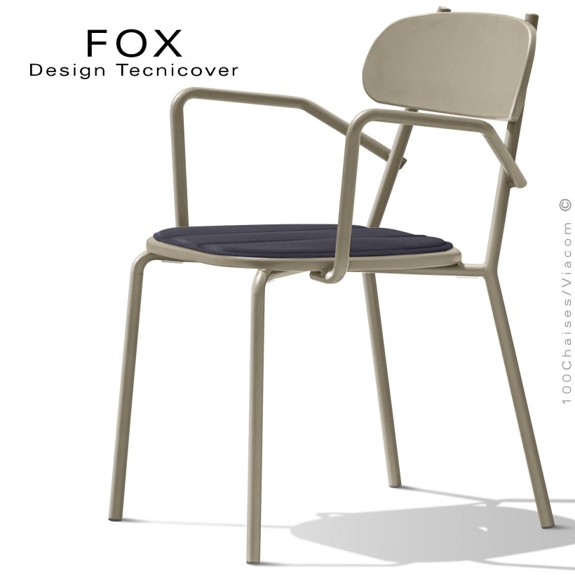 Fauteuil design rétro d'extérieur FOX, structure acier peint beige, assise avec coussin aimanté couleur anthracite.