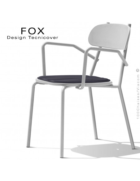 Fauteuil design rétro d'extérieur FOX, structure acier peint blanc, assise avec coussin aimanté couleur anthracite.