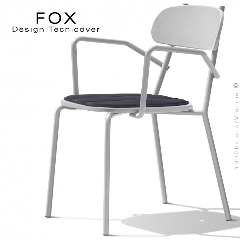 Fauteuil design rétro d'extérieur FOX, structure acier peint blanc, assise avec coussin aimanté couleur anthracite.