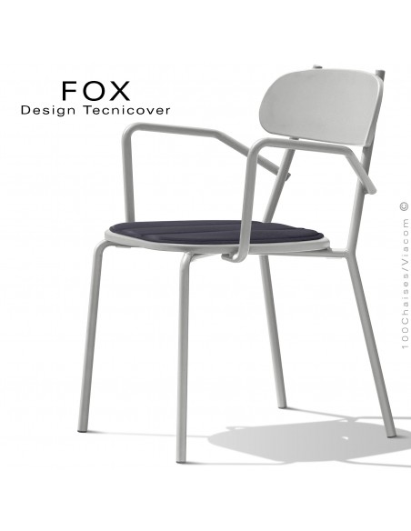 Fauteuil design rétro d'extérieur FOX, structure acier peint blanc perle, assise avec coussin aimanté couleur anthracite.