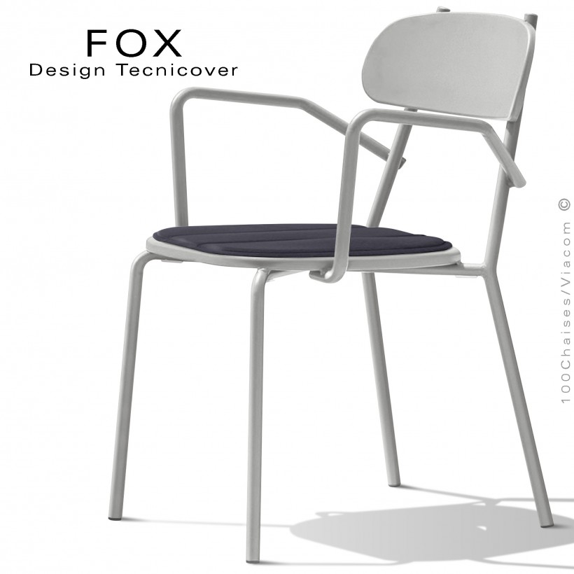 Fauteuil design rétro d'extérieur FOX, structure acier peint blanc perle, assise avec coussin aimanté couleur anthracite.