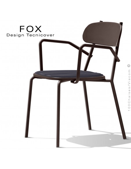 Fauteuil design rétro d'extérieur FOX, structure acier peint bronze, assise avec coussin aimanté couleur anthracite.