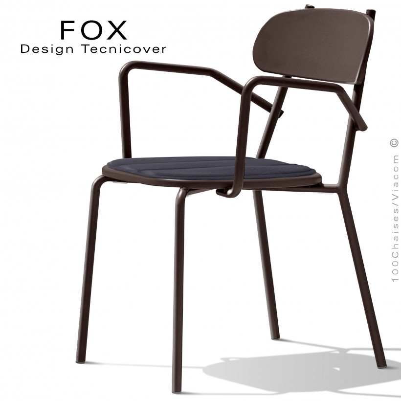 Fauteuil design rétro d'extérieur FOX, structure acier peint bronze, assise avec coussin aimanté couleur anthracite.