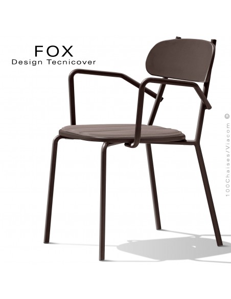 Fauteuil design rétro d'extérieur FOX, structure acier peint bronze, assise avec coussin aimanté couleur écru.