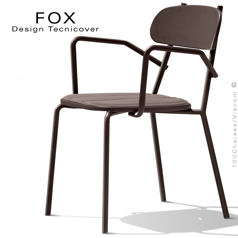 Fauteuil design rétro d'extérieur FOX, structure acier peint bronze, assise avec coussin aimanté couleur écru.