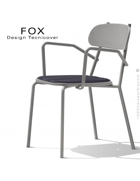 Fauteuil design rétro d'extérieur FOX, structure acier peint gris tourterelle, assise avec coussin aimanté couleur anthracite.