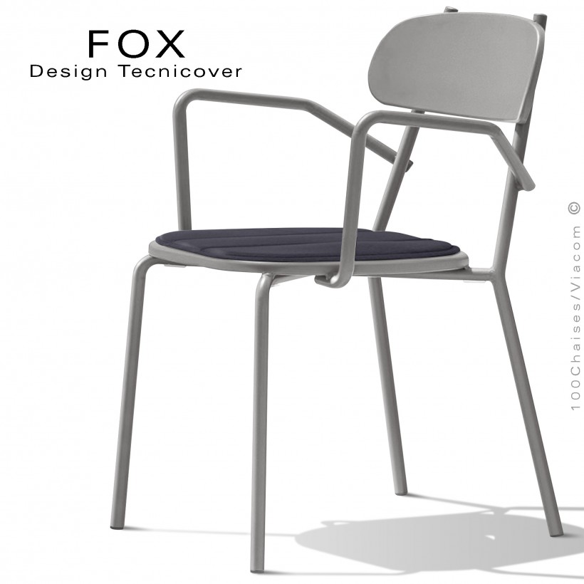 Fauteuil design rétro d'extérieur FOX, structure acier peint gris tourterelle, assise avec coussin aimanté couleur anthracite.