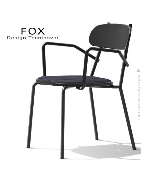 Fauteuil design rétro d'extérieur FOX, structure acier peint noir, assise avec coussin aimanté couleur anthracite.