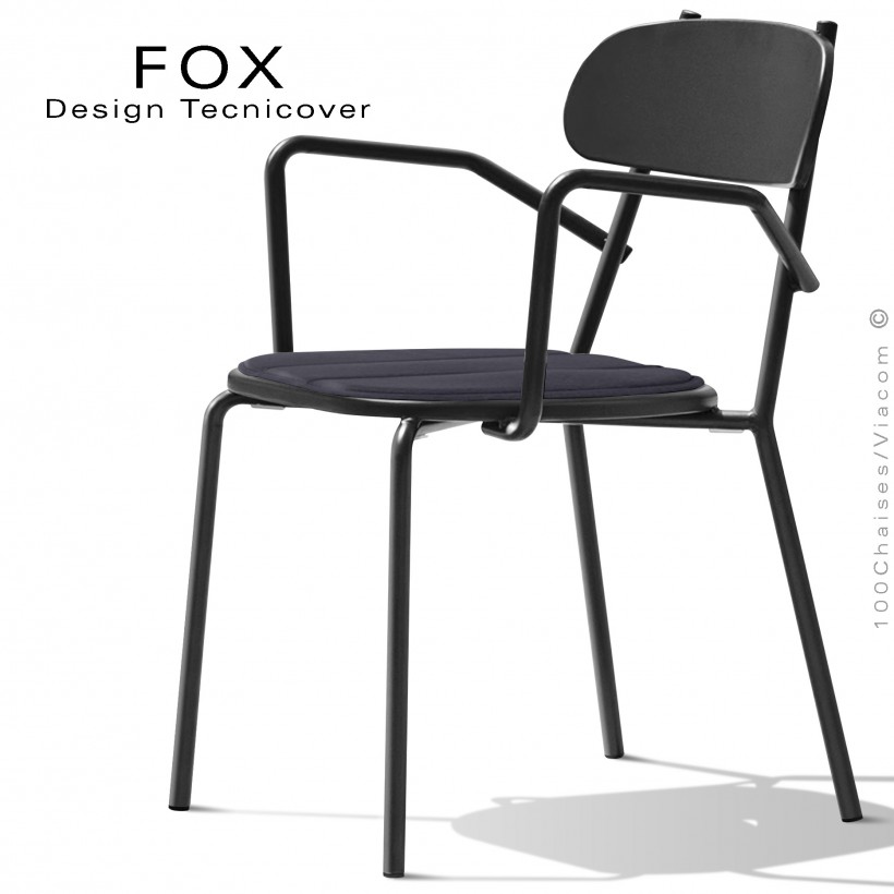 Fauteuil design rétro d'extérieur FOX, structure acier peint noir, assise avec coussin aimanté couleur anthracite.