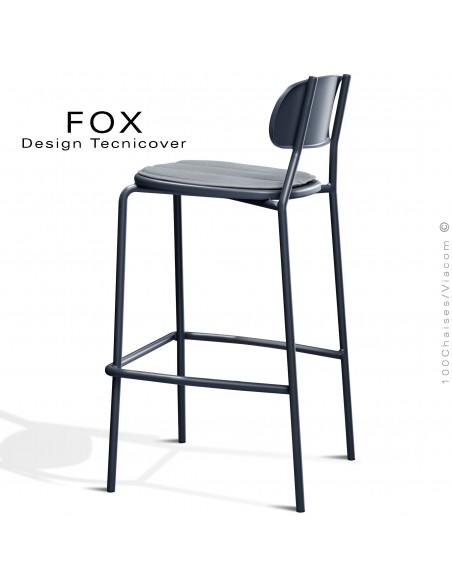 Tabouret de bar rétro d'extérieur FOX, structure acier peint anthracite, assise avec coussin aimanté couleur argent.