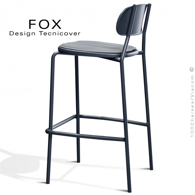 Tabouret de bar rétro d'extérieur FOX, structure acier peint anthracite, assise avec coussin aimanté couleur argent.