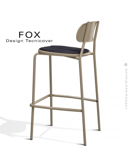 Tabouret de bar rétro d'extérieur FOX, structure acier peint beige, assise avec coussin aimanté couleur anthracite.