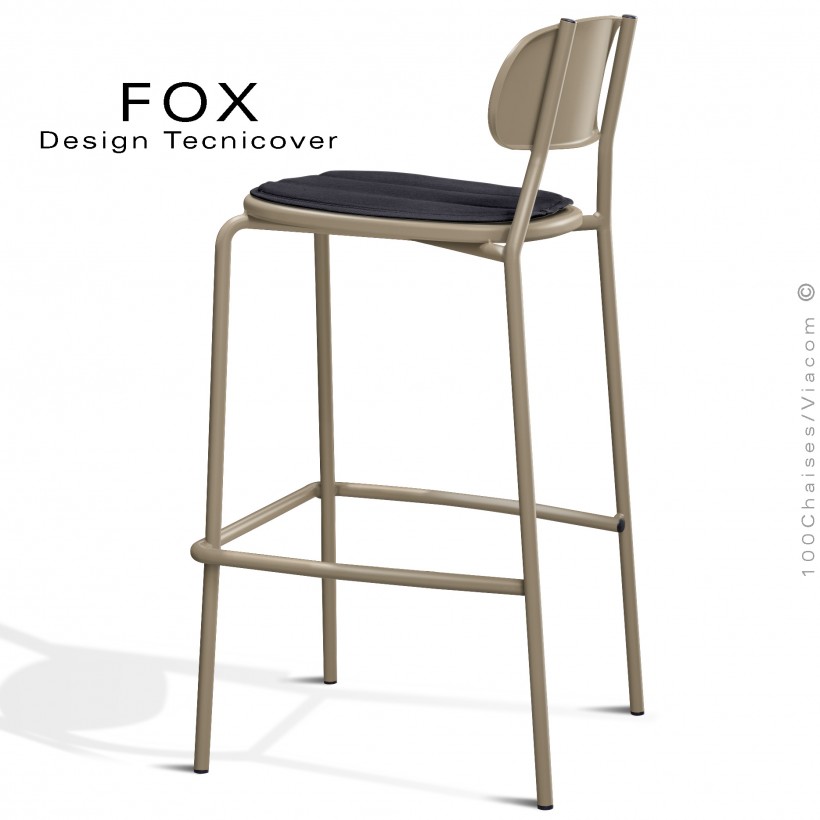 Tabouret de bar rétro d'extérieur FOX, structure acier peint beige, assise avec coussin aimanté couleur anthracite.