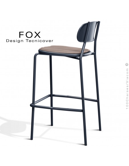 Tabouret de bar rétro d'extérieur FOX, structure acier peint anthracite, assise avec coussin aimanté couleur écru.