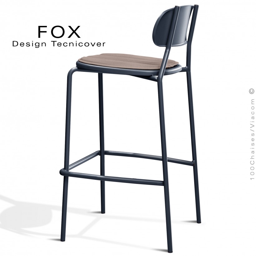 Tabouret de bar rétro d'extérieur FOX, structure acier peint anthracite, assise avec coussin aimanté couleur écru.