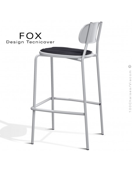 Tabouret de bar rétro d'extérieur FOX, structure acier peint blanc, assise avec coussin aimanté couleur anthracite.