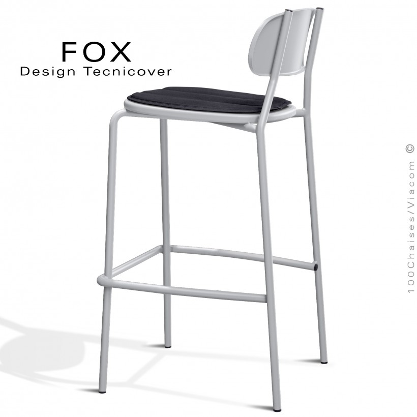 Tabouret de bar rétro d'extérieur FOX, structure acier peint blanc, assise avec coussin aimanté couleur anthracite.