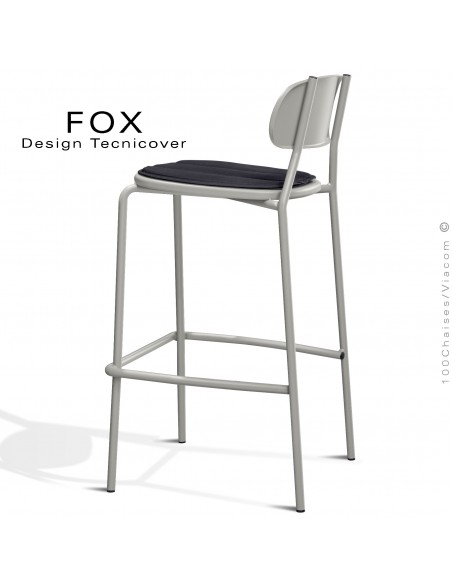 Tabouret de bar rétro d'extérieur FOX, structure acier peint blanc perle, assise avec coussin aimanté couleur anthracite.