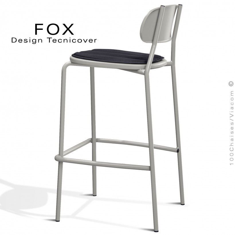 Tabouret de bar rétro d'extérieur FOX, structure acier peint blanc perle, assise avec coussin aimanté couleur anthracite.