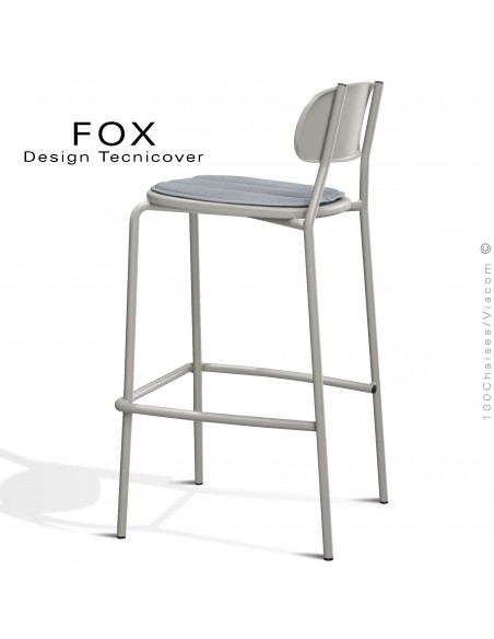 Tabouret de bar rétro d'extérieur FOX, structure acier peint blanc perle, assise avec coussin aimanté couleur argent.