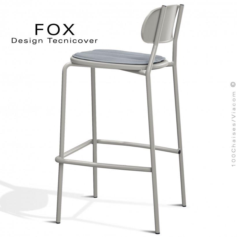 Tabouret de bar rétro d'extérieur FOX, structure acier peint blanc perle, assise avec coussin aimanté couleur argent.