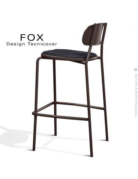 Tabouret de bar rétro d'extérieur FOX, structure acier peint bronze, assise avec coussin aimanté couleur anthracite.