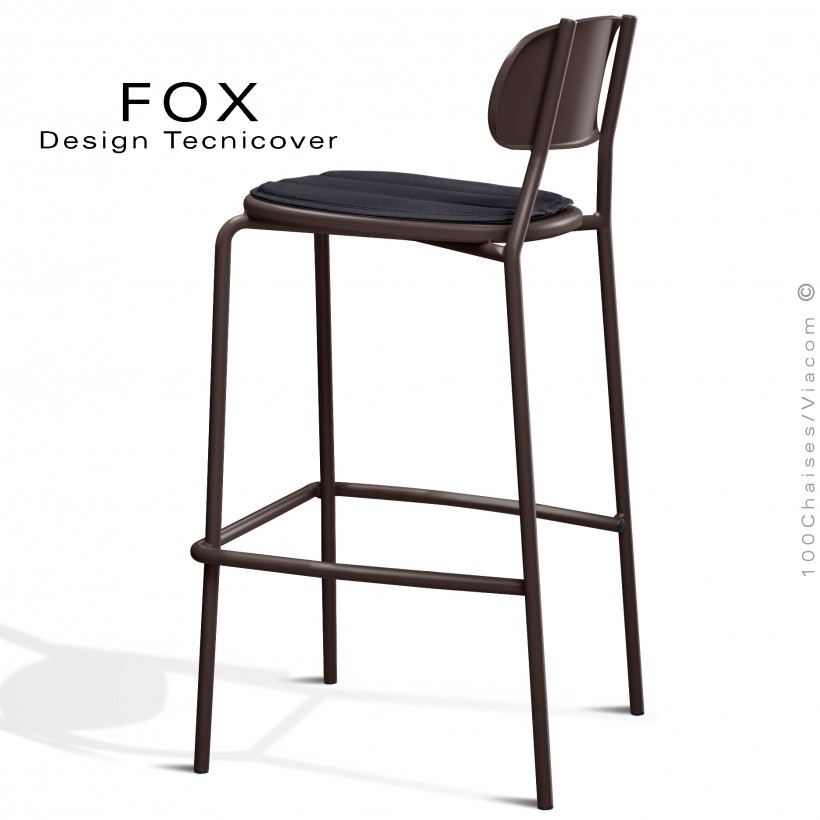 Tabouret de bar rétro d'extérieur FOX, structure acier peint bronze, assise avec coussin aimanté couleur anthracite.