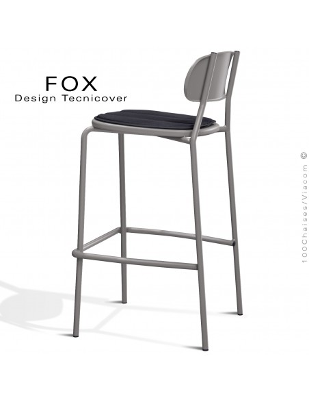 Tabouret de bar rétro d'extérieur FOX, structure acier peint gris Tourterelle, assise avec coussin aimanté couleur anthracite.