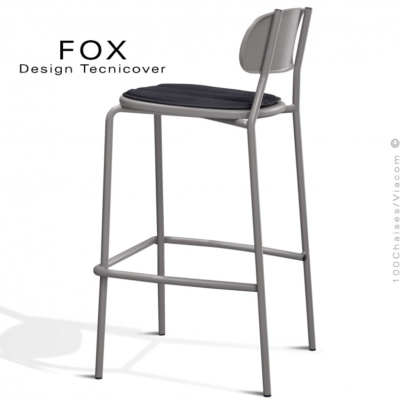 Tabouret de bar rétro d'extérieur FOX, structure acier peint gris Tourterelle, assise avec coussin aimanté couleur anthracite.