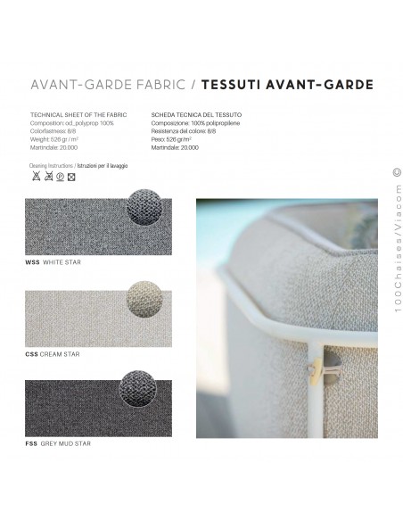 Gamme tissu AVANT-GARDE, 100% polypropylène, résistant en extérieur, tissu hydrofuge, traitement anti-U.V.