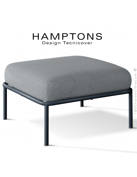 Pouf ou module banquette pour extérieur HAMPTONS, acier galvanisé peint anthracite, assise coussins tissu argent.