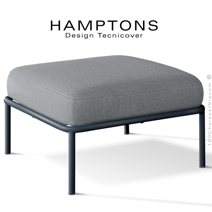 Pouf ou module banquette pour extérieur HAMPTONS, acier galvanisé peint anthracite, assise coussins tissu argent.