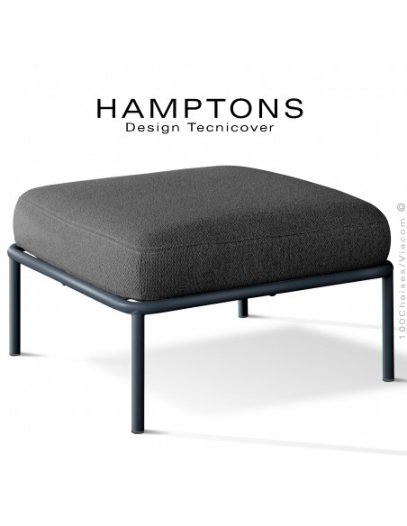 Pouf ou module banquette pour extérieur HAMPTONS, acier galvanisé peint anthracite, assise coussins tissu gris foncé.