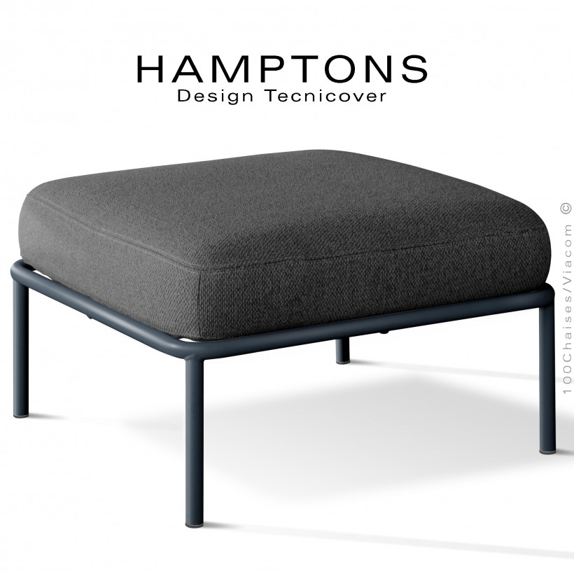 Pouf ou module banquette pour extérieur HAMPTONS, acier galvanisé peint anthracite, assise coussins tissu gris foncé.