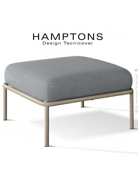 Pouf ou module banquette pour extérieur HAMPTONS, acier galvanisé peint beige, assise coussins tissu argent.