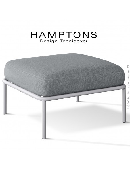 Pouf ou module banquette pour extérieur HAMPTONS, acier galvanisé peint blanc perle, assise coussins tissu argent.