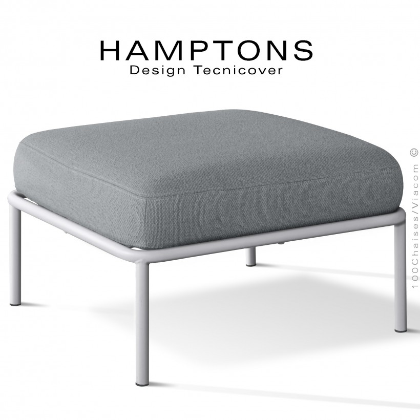 Pouf ou module banquette pour extérieur HAMPTONS, acier galvanisé peint blanc perle, assise coussins tissu argent.