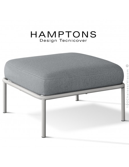 Pouf ou module banquette pour extérieur HAMPTONS, acier galvanisé peint blanc, assise coussins tissu argent.