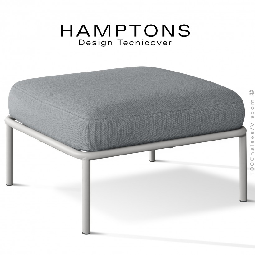 Pouf ou module banquette pour extérieur HAMPTONS, acier galvanisé peint blanc, assise coussins tissu argent.