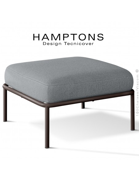 Pouf ou module banquette pour extérieur HAMPTONS, acier galvanisé peint bronze, assise coussins tissu argent.