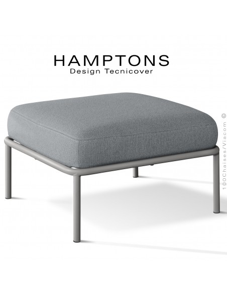 Pouf ou module banquette pour extérieur HAMPTONS, acier galvanisé peint gris Tourterelle, assise coussins tissu argent.