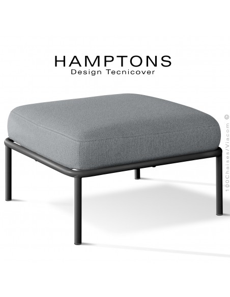 Pouf ou module banquette pour extérieur HAMPTONS, acier galvanisé peint noir, assise coussins tissu argent.