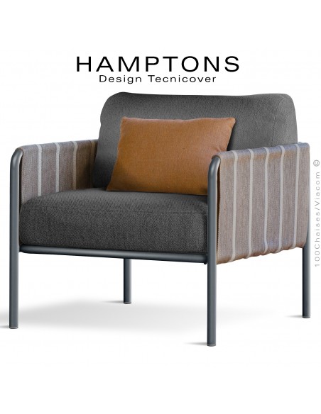 Fauteuil lounge d'extérieur HAMPTON, structure acier peint anthracite, assise coussins tissu couleur gris foncé + orange.