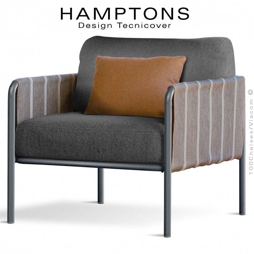 Fauteuil lounge d'extérieur HAMPTON, structure acier peint anthracite, assise coussins tissu couleur gris foncé + orange.