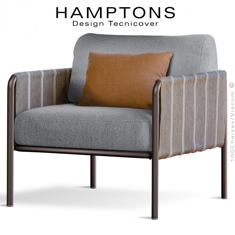 Fauteuil lounge d'extérieur HAMPTON, structure acier peint bronze, assise coussins tissu couleur argent + orange.